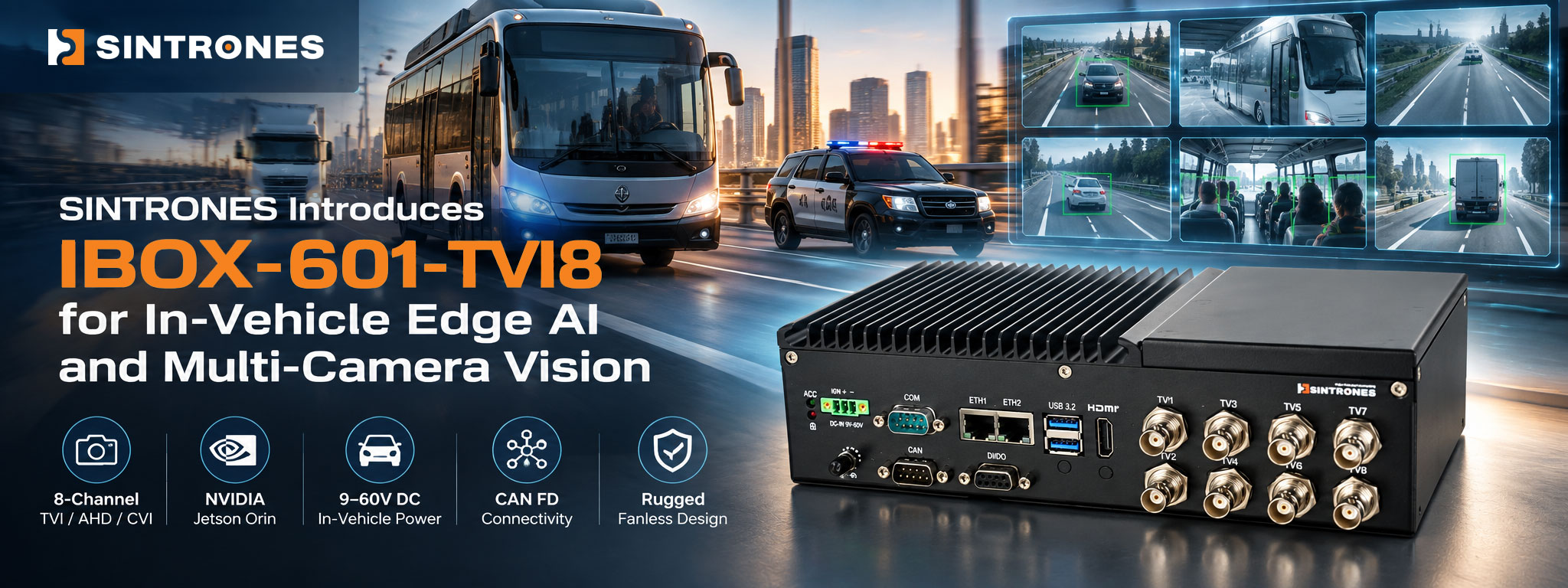 SINTRONES IBOX-601-TVI8 in-vehicle Edge AI computer with eight TVI/AHD/CVI camera inputs for multi-camera vision